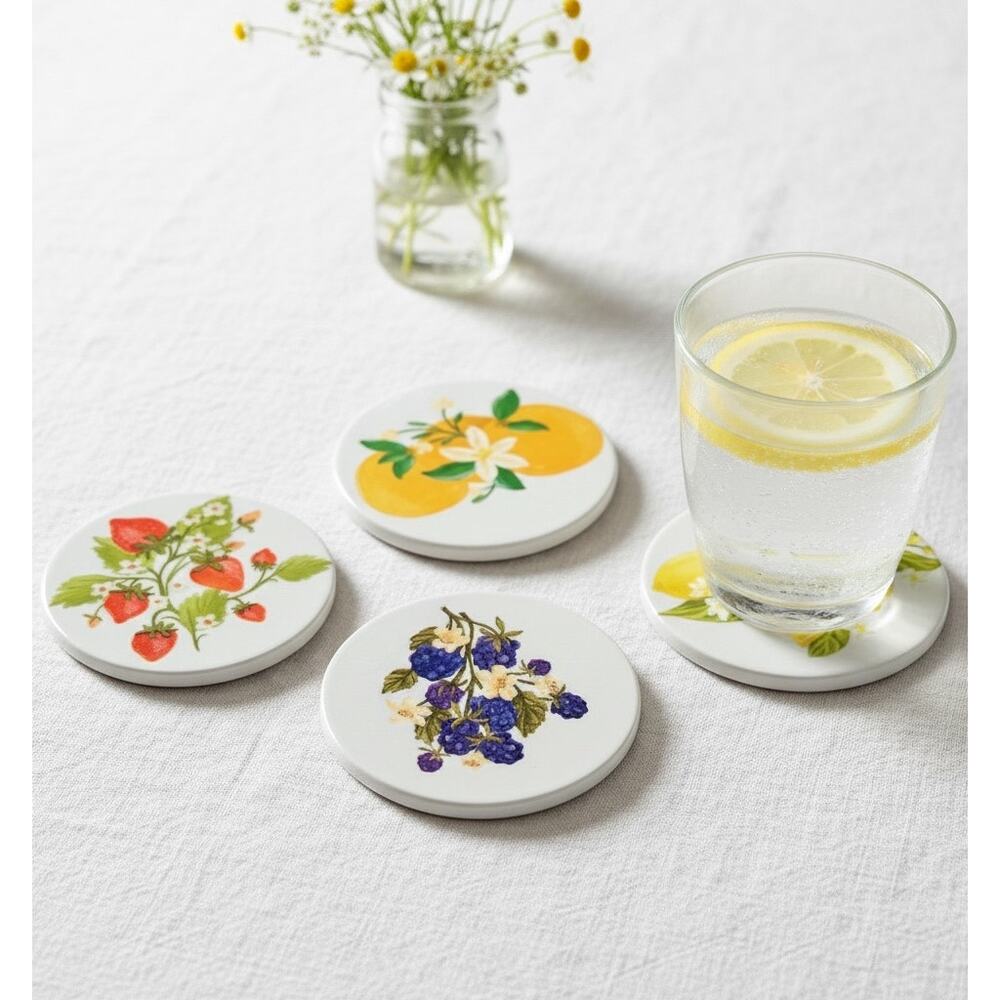 Round Botanical Fruit Ceramic Coasters | Set of 4 | Cottagecore Decor & Gift - Picture 3 of 3